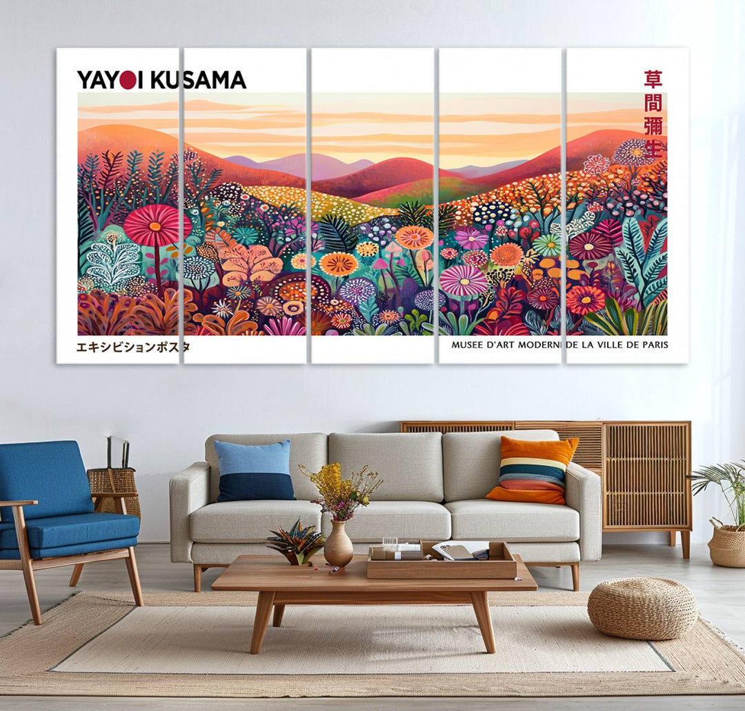 A Framed Yayoi Kusama 1986 Wall Art Print, showcasing a vibrant abstract landscape with flowers and reflecting the Wabi Sabi style, is displayed.