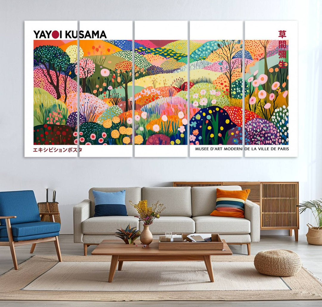 Three vibrant, abstract Yayoi Kusama wall art prints adorn a black wall, creating a perfect blend of contemporary décor.