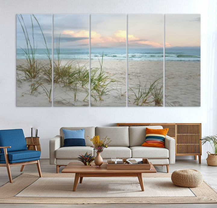 Flight Over Coastal Beach print on UV canvas displayed against white walls.