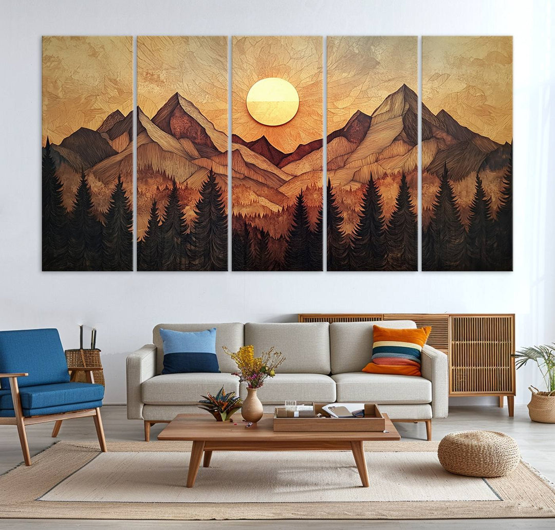 The dining area features a Wood Style Abstract Mountain Sunset canvas wall art print.