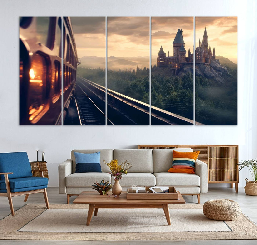 The "Harry Castle Wall Art Canvas Print," depicting a train and castle at sunrise, is elegantly featured with its gallery-quality finish in the modern living room.