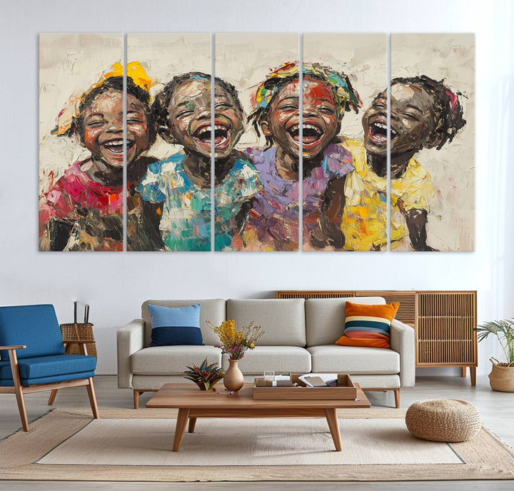 The Shai Yossef style "Joyful Childhood Canvas Wall Art" beautifully depicts an expressive impasto painting of three cheerful black children laughing, capturing the joyous essence of childhood.