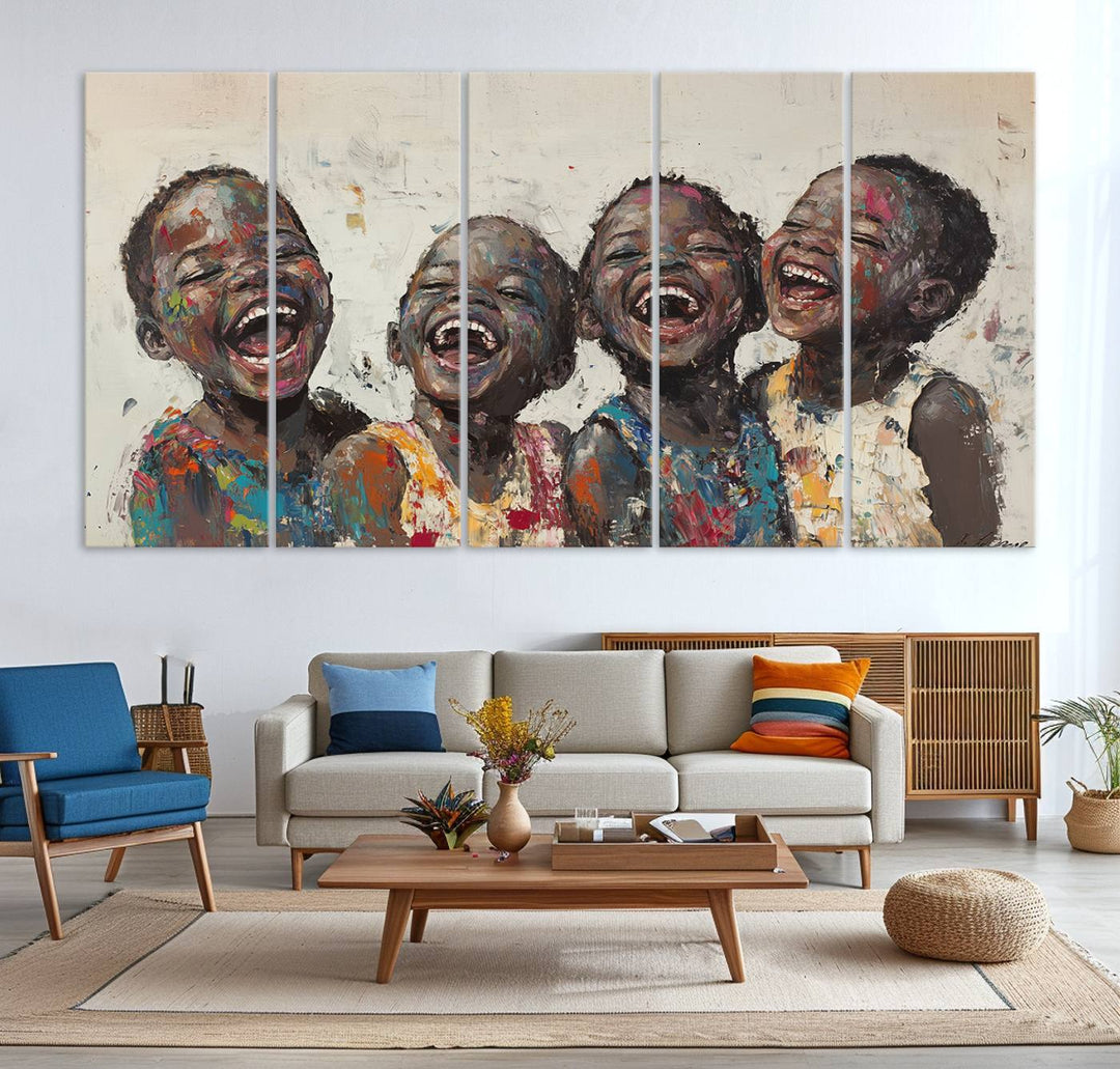 This Shai Yossef Print - Joyful Childhood Canvas Wall Art is an expressive impasto painting of laughing children. As framed abstract art for your living room, it adds a touch reminiscent of Shai Yossef's unique style to any living space.