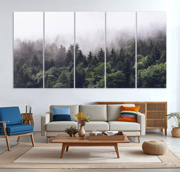 A serene triptych nature print featuring a misty forest, perfect as wall art.