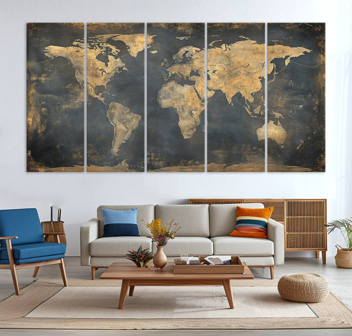 Grunge World Map Canvas Wall Art - Vintage Aged World Map with Golden Tones, Framed Artwork for Living Room, Office, or Study Decor