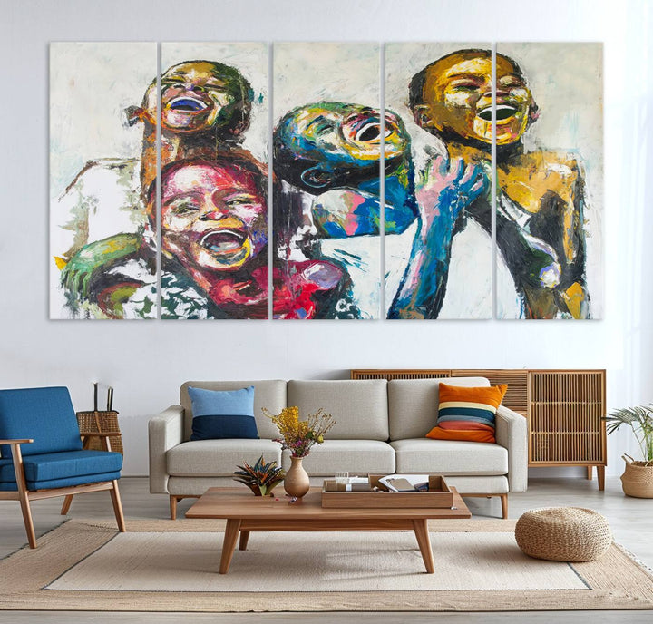 A vibrant Shai Yossef canvas art of joyful kids hangs prominently.