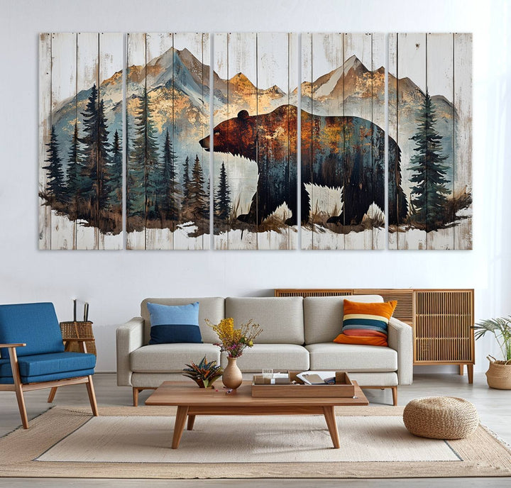 The living room features Rustic Grizzly 399 bear wall art, adding a cozy touch to the setup.