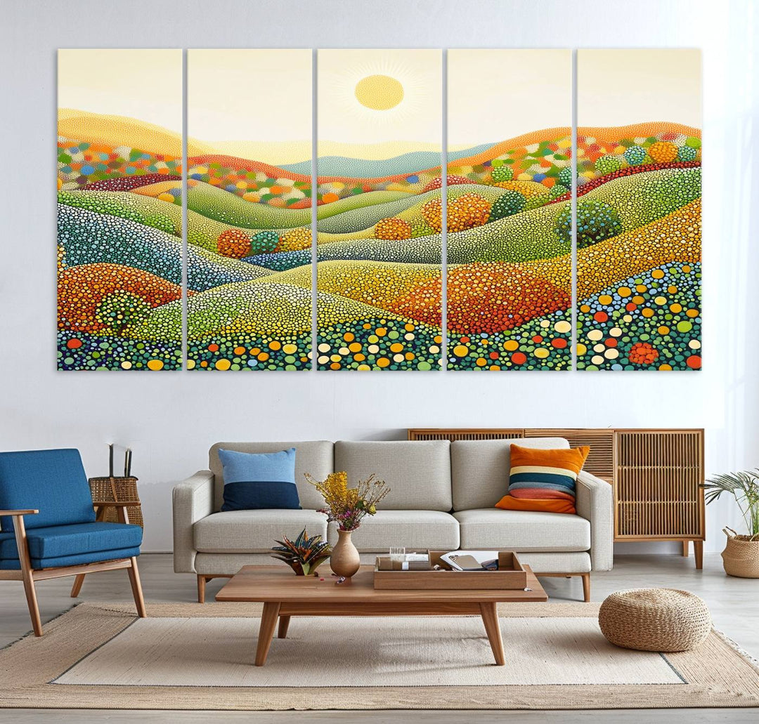 The YAYOI KUSAMA Colorful Dot Art Landscape Canvas, a framed abstract pointillism piece inspired by nature featuring vibrant rolling hills and a sun, adds gallery-quality elegance to your living space.