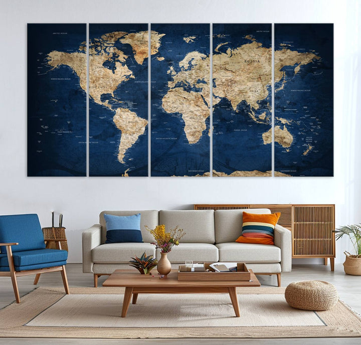 A personalized world map canvas print hangs above.