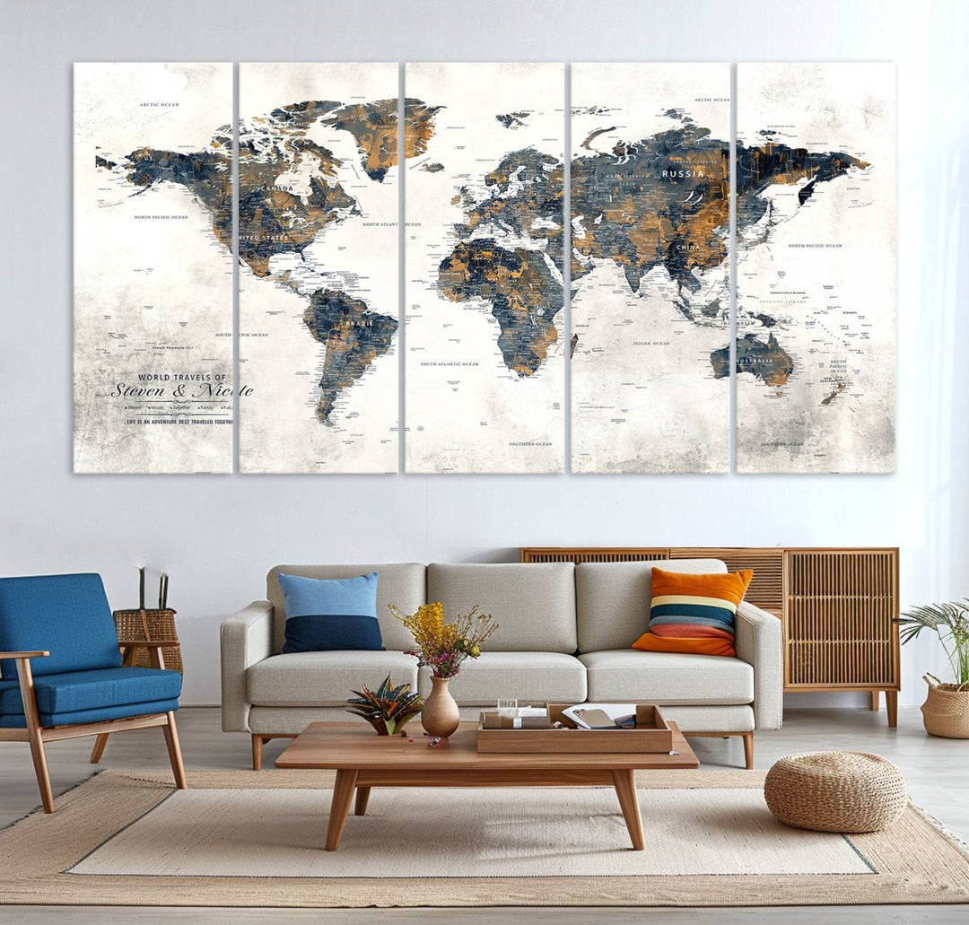 A smiling woman proudly holds the Personalized Push Pin Map Wall Art Print - Detailed Custom World Map Canvas Print in front of a white wall, perfect for travel enthusiasts eager to mark their adventures.