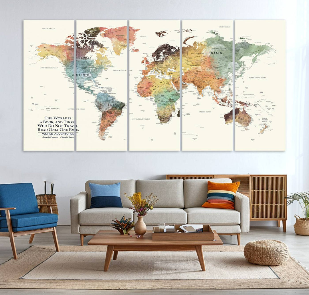 A colorful Personalized World Map Canvas Print, ideal as wall art for living room or office.