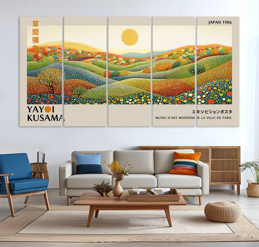 The Yayoi Kusama Wall Art Print – Wabi Sabi Japanese wall art features a vibrant abstract landscape design with dotted patterns and a bright yellow sun.