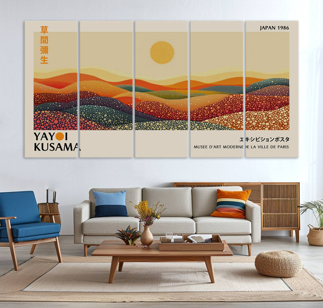 The Yayoi Kusama Wall Art Print is a vibrant abstract landscape canvas featuring colorful, dotted hills and a sun, reminiscent of Yayoi Kusama's iconic designs.