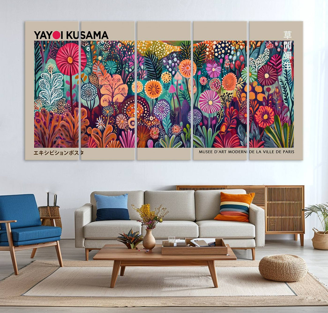 A vibrant Yayoi Kusama Wall Art Canvas Print is held on a porch.