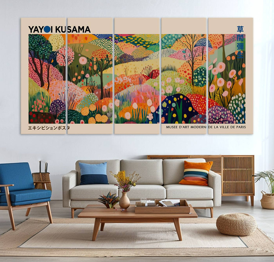 A framed Yayoi Kusama Wall Art Canvas Print features a vibrant abstract landscape adorned with flowers.