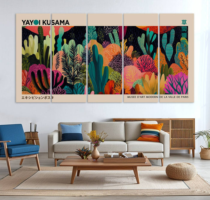 The vibrant canvas print of wall art features abstract plants, with the elegant text "Yayoi Kusama Wall Art Canvas Print" displayed on the colorful frame.