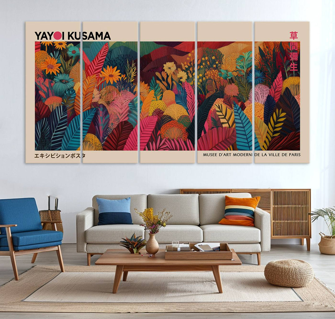 The Yayoi Kusama Inspired Wall Art Canvas Print features colorful flowers and foliage, presented with a premium canvas and gallery-quality finish.