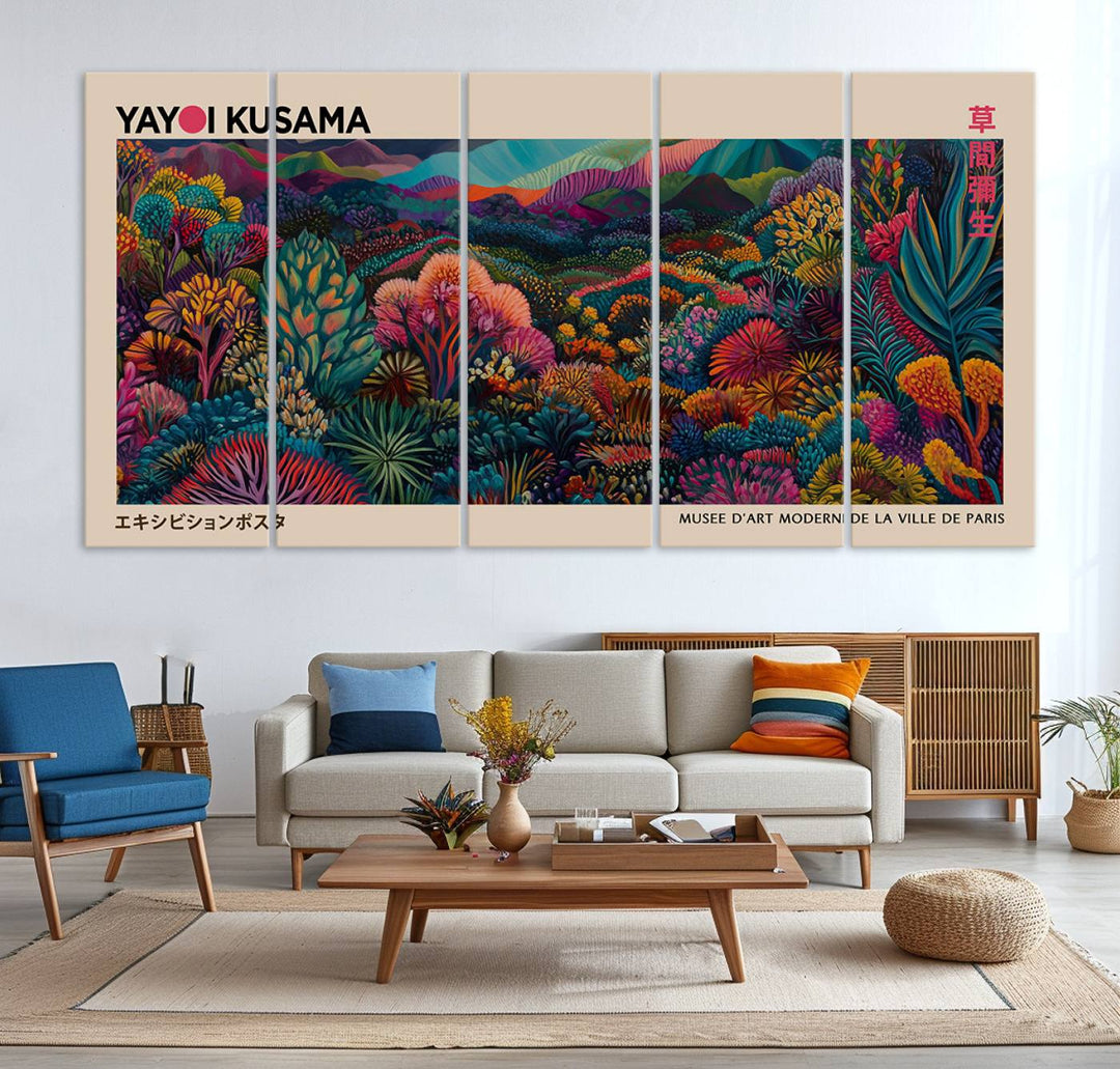 The Yayoi Kusama Wall Art Canvas Print features a vibrant and colorful landscape with abstract vegetation, perfectly capturing the essence of Japanese Wabi Sabi aesthetics.