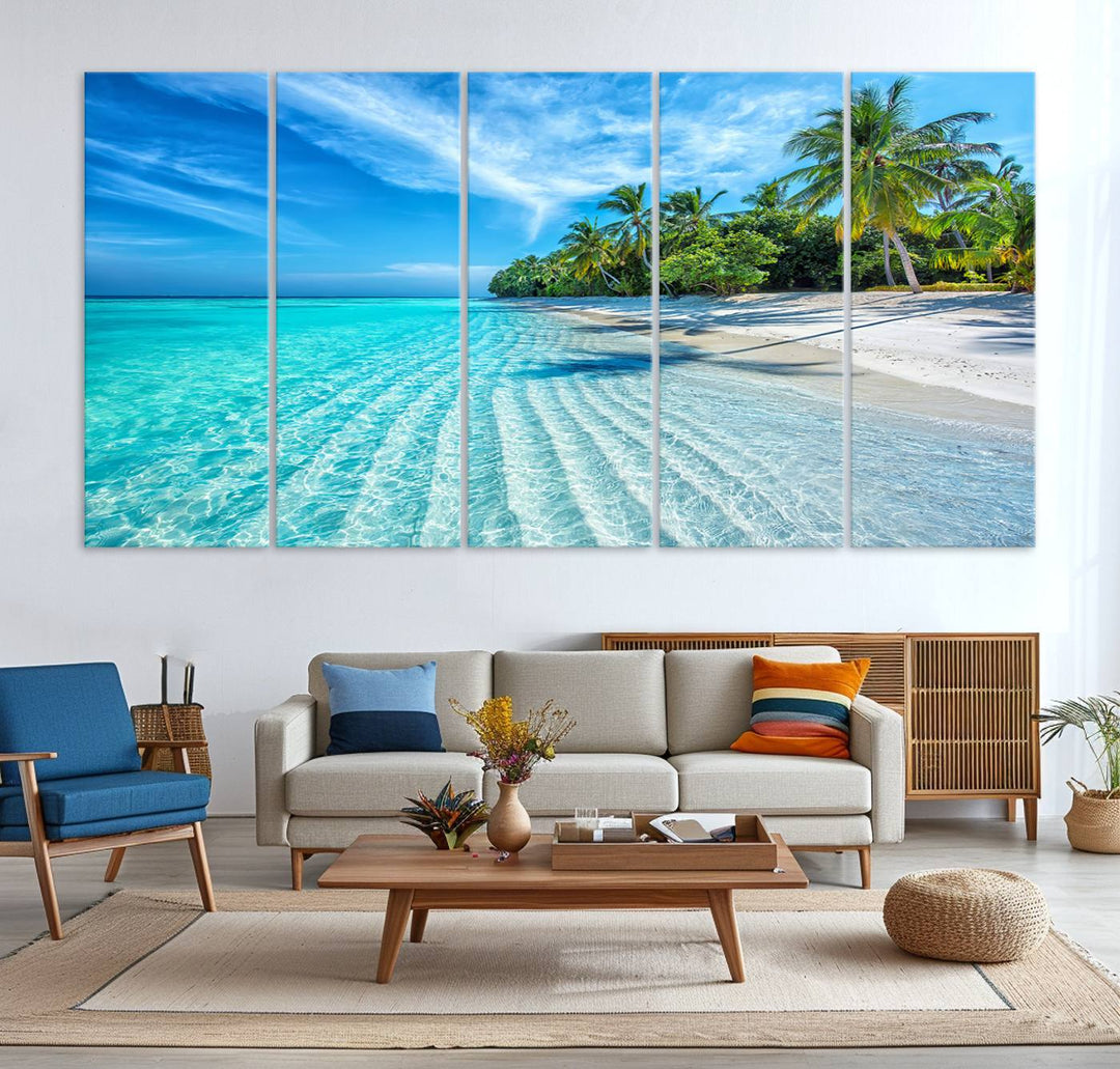 The Tropical Beach Wall Art Canvas Print showcases a serene ocean landscape with crystal clear turquoise water and palm trees, beautifully enhancing the coastal decor.