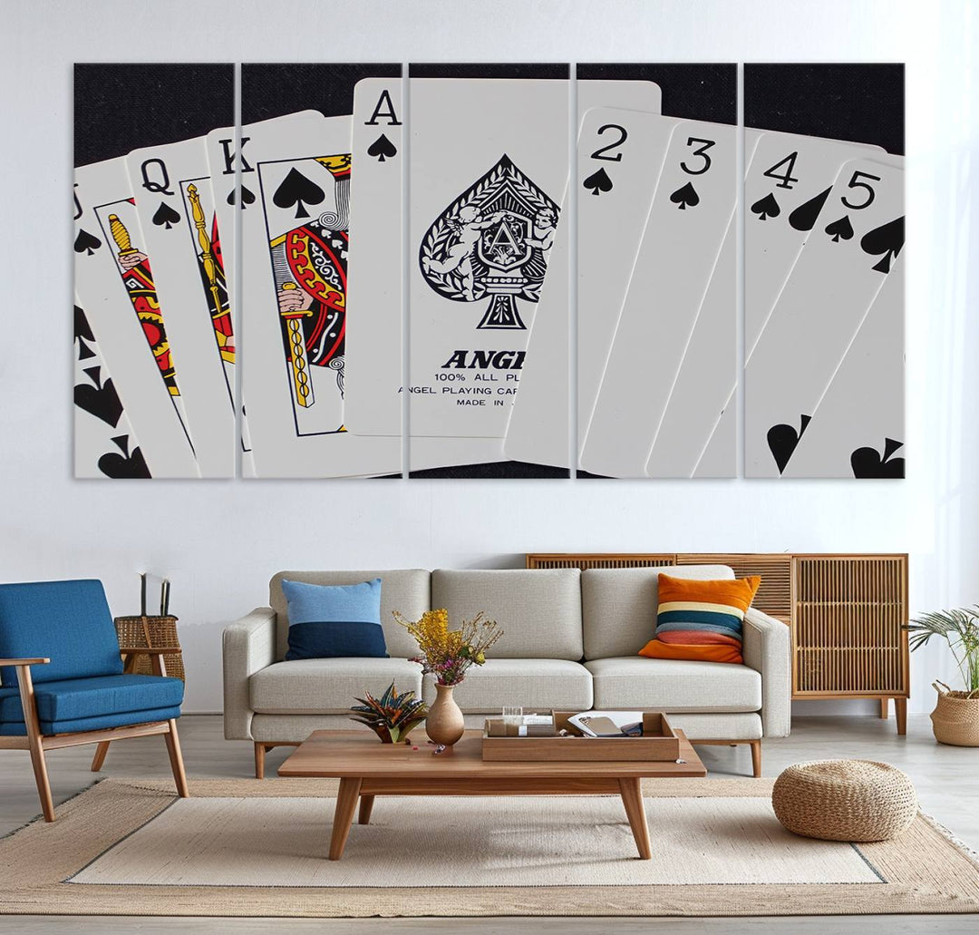 The oversized Poker Wall Art features the Ace of Spades and is displayed on a porch.