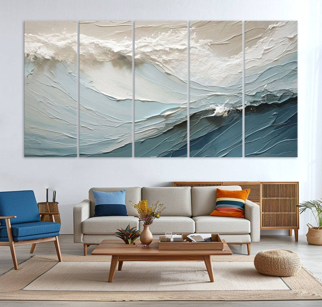 The Waves Abstract Wall Art Print, a captivating piece of modern framed abstract canvas, beautifully decorates the wall. This abstract painting is designed to enhance your living room decor and offers the convenience of being ready to hang.