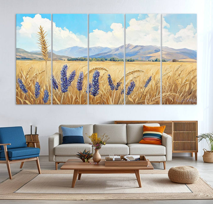 Abstract Wheat Field Wall Art, featuring a scenic landscape canvas print of golden wheat and lavender, adds charm to any farmhouse or rustic decor.