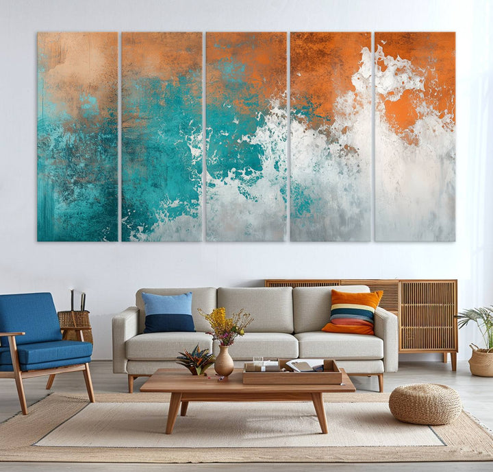 Vintage Abstract Print - Bold Teal and Orange Canvas Wall Art - Retro-Vintage Abstract Orange Canvas for Modern Decor