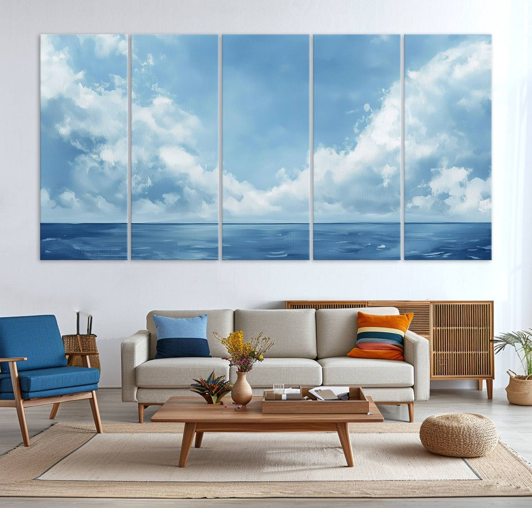 Abstract Ocean Print - Serene Blue Canvas displayed on a porch featuring minimalist decor.