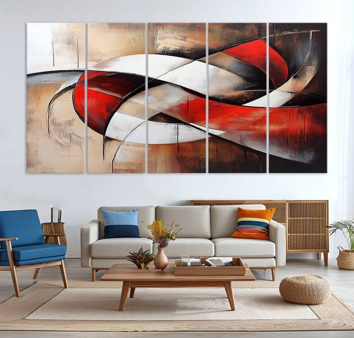 The Abstract Wall Art - Modern Red and White Canvas is displayed prominently in front of an entrance.