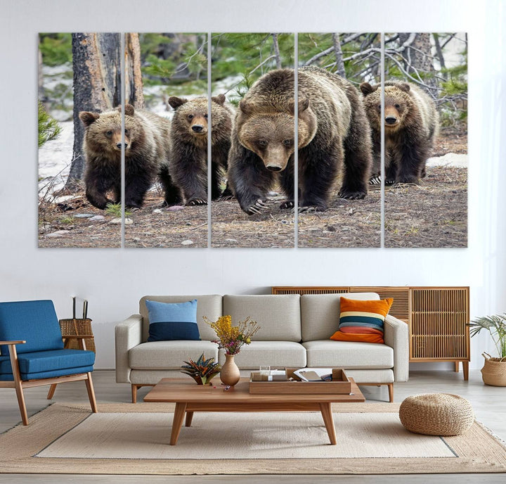 The wall art, a breathtaking canvas print titled "Queen of the Tetons," features 399 Grizzly Bear Cubs majestically captured in a forest setting. It is printed on premium canvas and handmade in the USA.