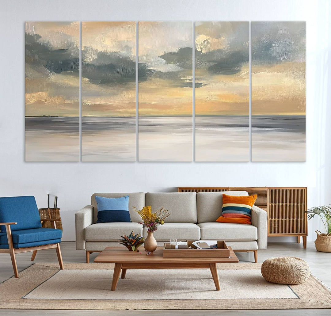 The Modern Coastal Wall Art Canvas Print features vibrant abstract ocean waves and clouds.