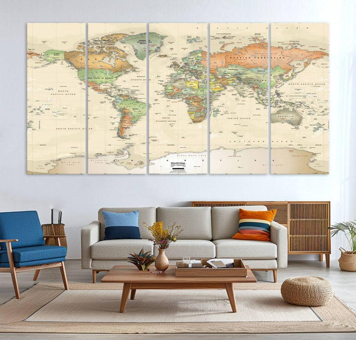 The Large Push Pin World Map Wall Art Canvas Print, with a gallery-quality finish, is carefully crafted on premium canvas and handmade in the USA. This piece adds a touch of elegance to any space.