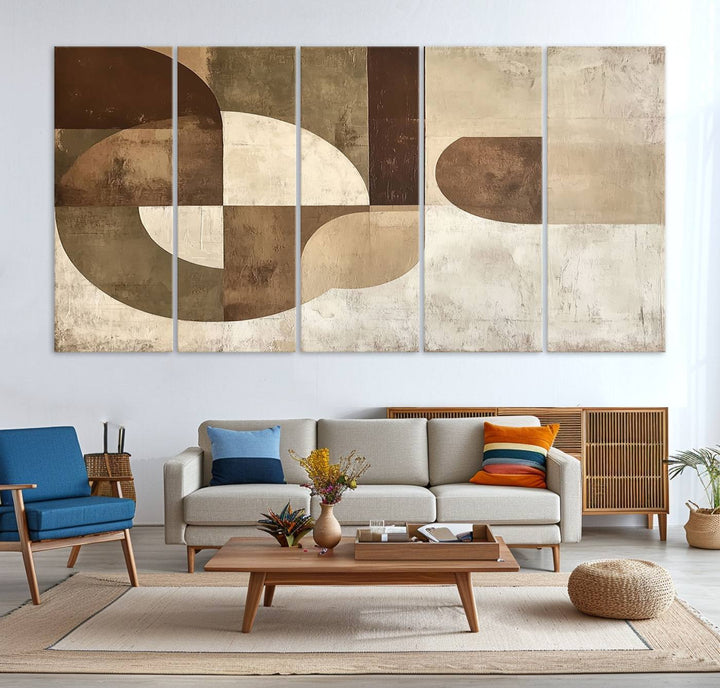 A Wabi Sabi Geometric Minimalist Wall Art Canvas Print—with a modern abstract geometric design in brown and beige tones—stands proudly in front of a house.