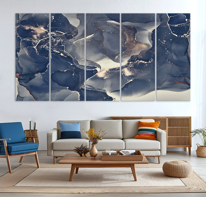 Large Abstract Blue and Gold Canvas Wall Art | Fluid Ink Artwork Print | Luxury Wall Decor for Contemporary Interiors | Framed Ready to Hang