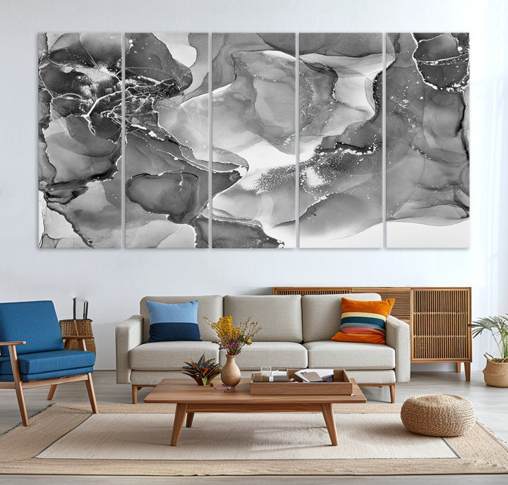 Black White Abstract Canvas Wall Art - Fluid Ink Artwork - Modern Luxury Wall Decor for Contemporary Interiors