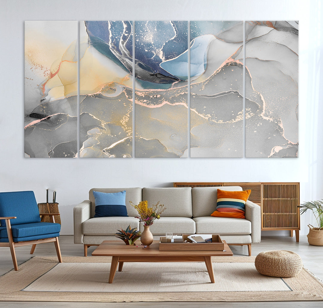 Large Abstract Blue and Gold Canvas Wall Art | Fluid Ink Artwork Print | Luxury Wall Decor for Contemporary Interiors | Framed Blue and Gold