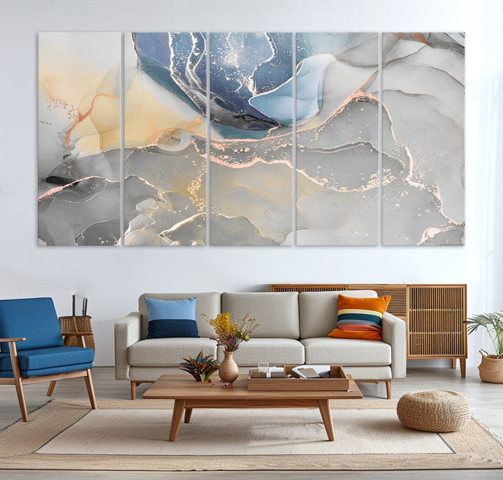 Large Abstract Blue and Gold Canvas Wall Art | Fluid Ink Artwork Print | Luxury Wall Decor for Contemporary Interiors | Framed Blue and Gold