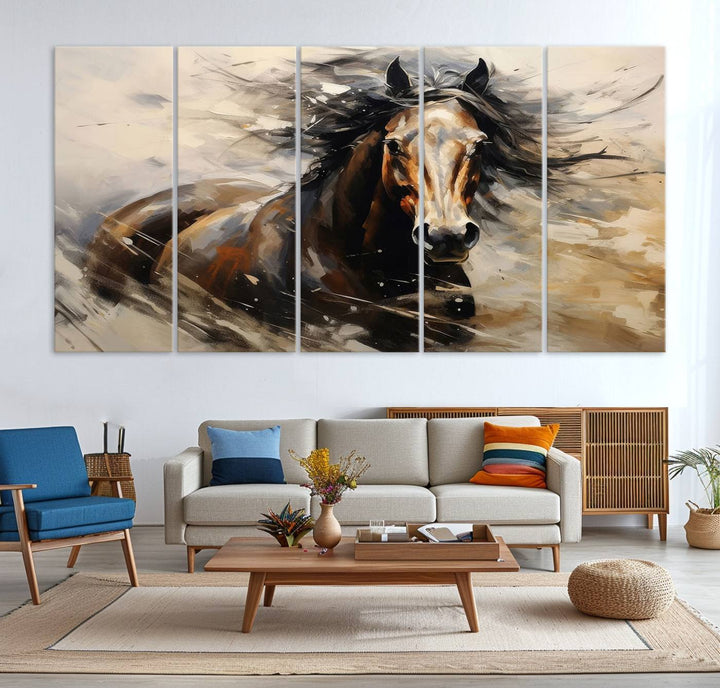 The Abstract Wall Art Horse Print adds rustic charm.