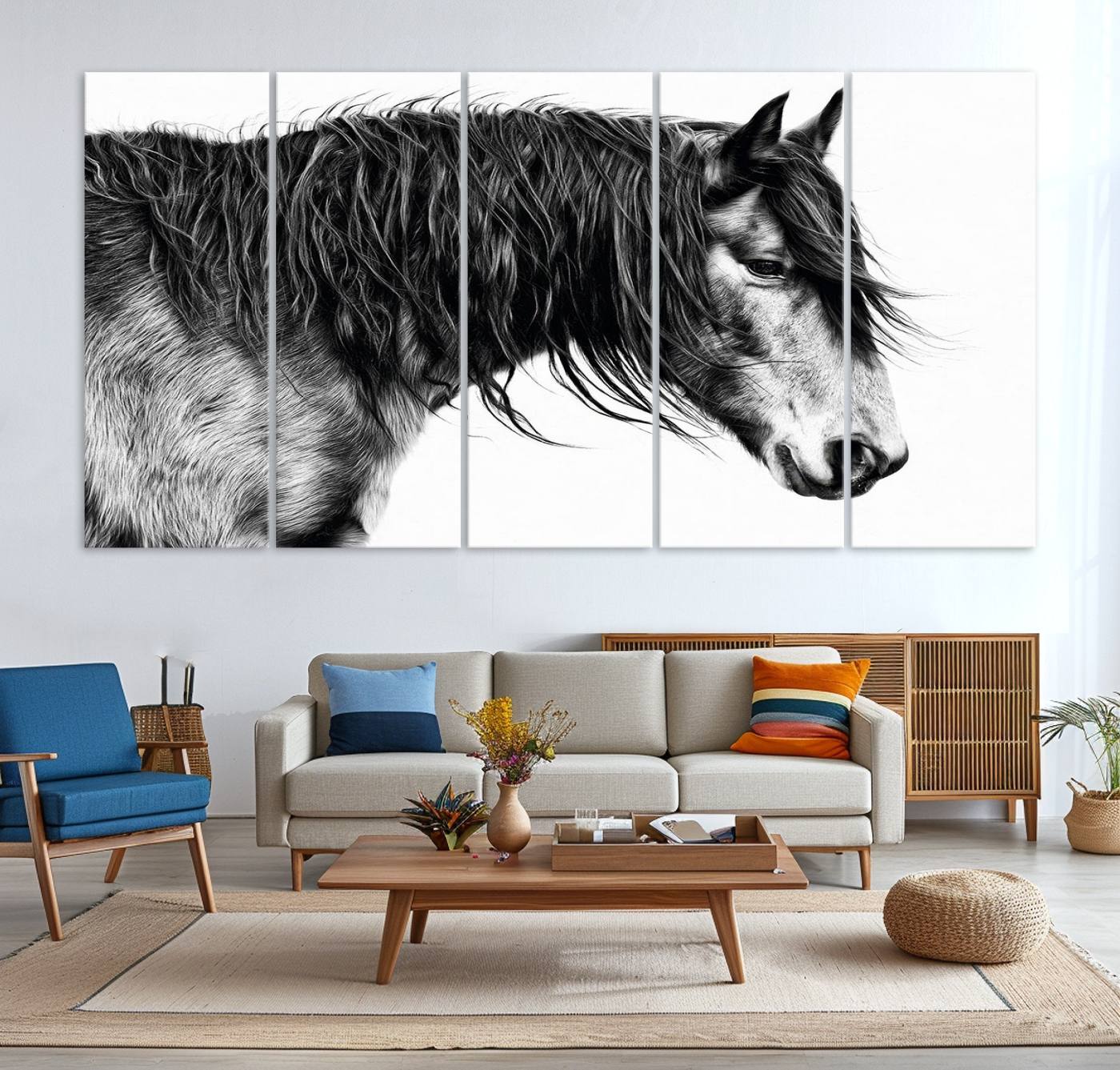 A stunning black-and-white portrait of a horse with a flowing mane, captured in dramatic detail and emotion.