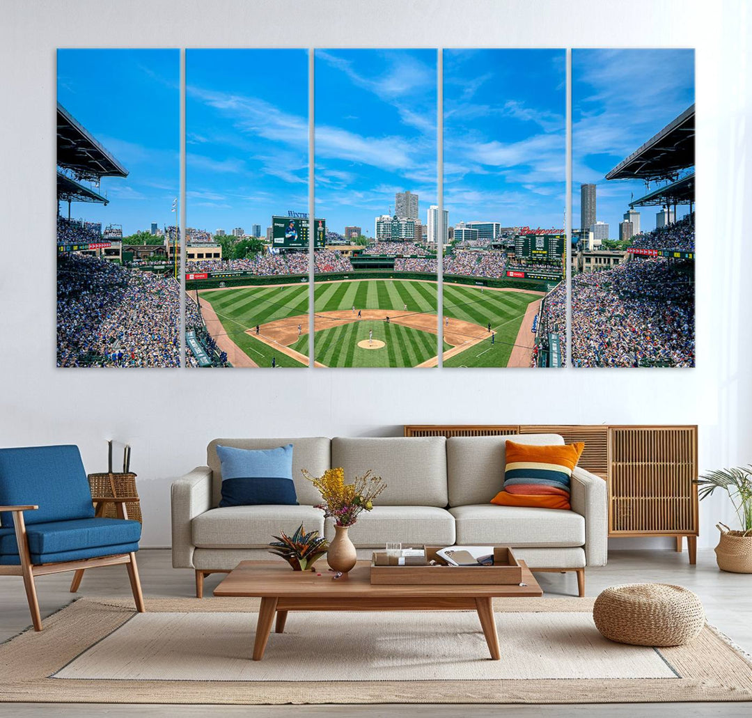 The Wrigley Field Chicago Cubs canvas art, depicting the iconic stadium, is perfect for sports lovers.