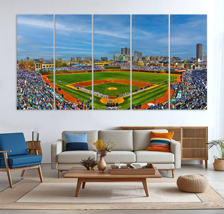 The Wrigley Field Cubs Panoramic Canvas Art hangs prominently in the modern living room.