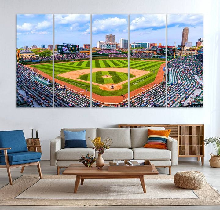 A 3-piece panoramic canvas wall art showcases an aerial view of a packed Chicago Cubs game at Wrigley Field, perfect for sports lovers.