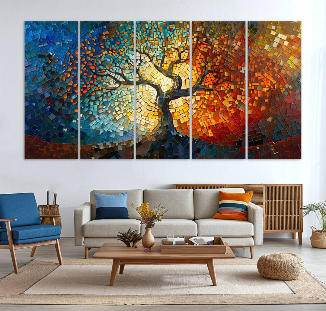 Mosaic Tree Canvas Wall Art: A stunning stained glass-inspired Tree of Life featuring blue and orange swirling patterns reminiscent of a sunburst.