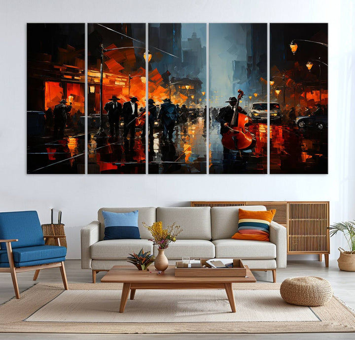 Framed Abstract Music Canvas: Jazz musicians on a rainy city street at night, with warm lights reflecting on wet pavement.