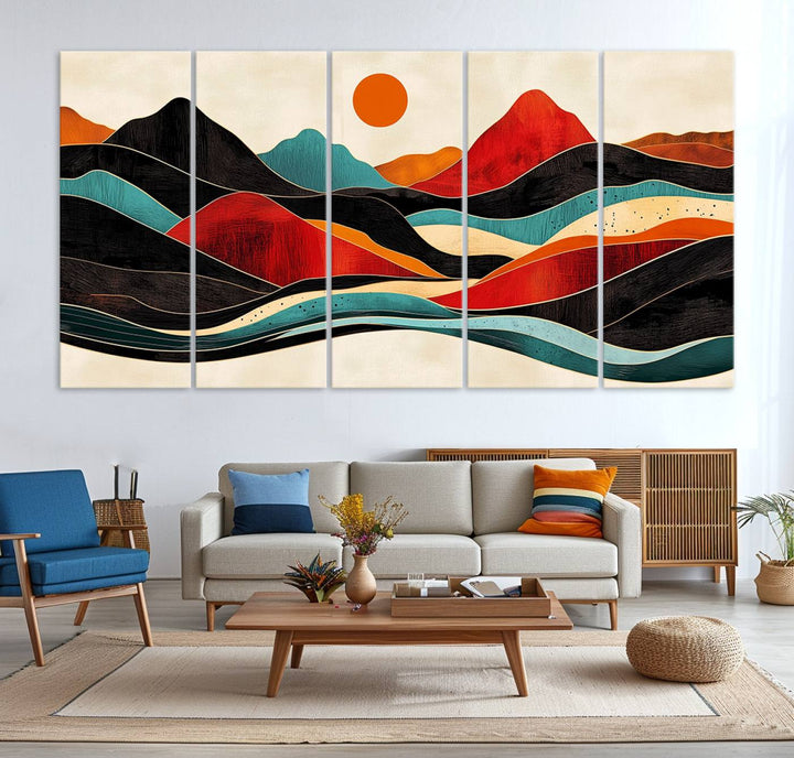 The Colorful Western Triptych Canvas features a vibrant mountain and sun design, making it perfect for modern kitchens or log cabin walls.