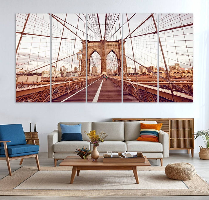 The three-panel "Wall Art New York Manhattan Cityscape Canvas Print" of the Brooklyn Bridge makes an ideal addition to minimalist interiors, capturing the essence of abstract expressionism.