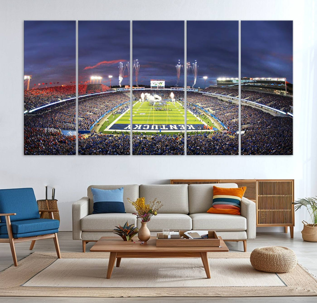 A filled stadium at dusk and fireworks overhead are beautifully captured in the Kroger Field Canvas Wall Art - Sunset Football Stadium Decor.