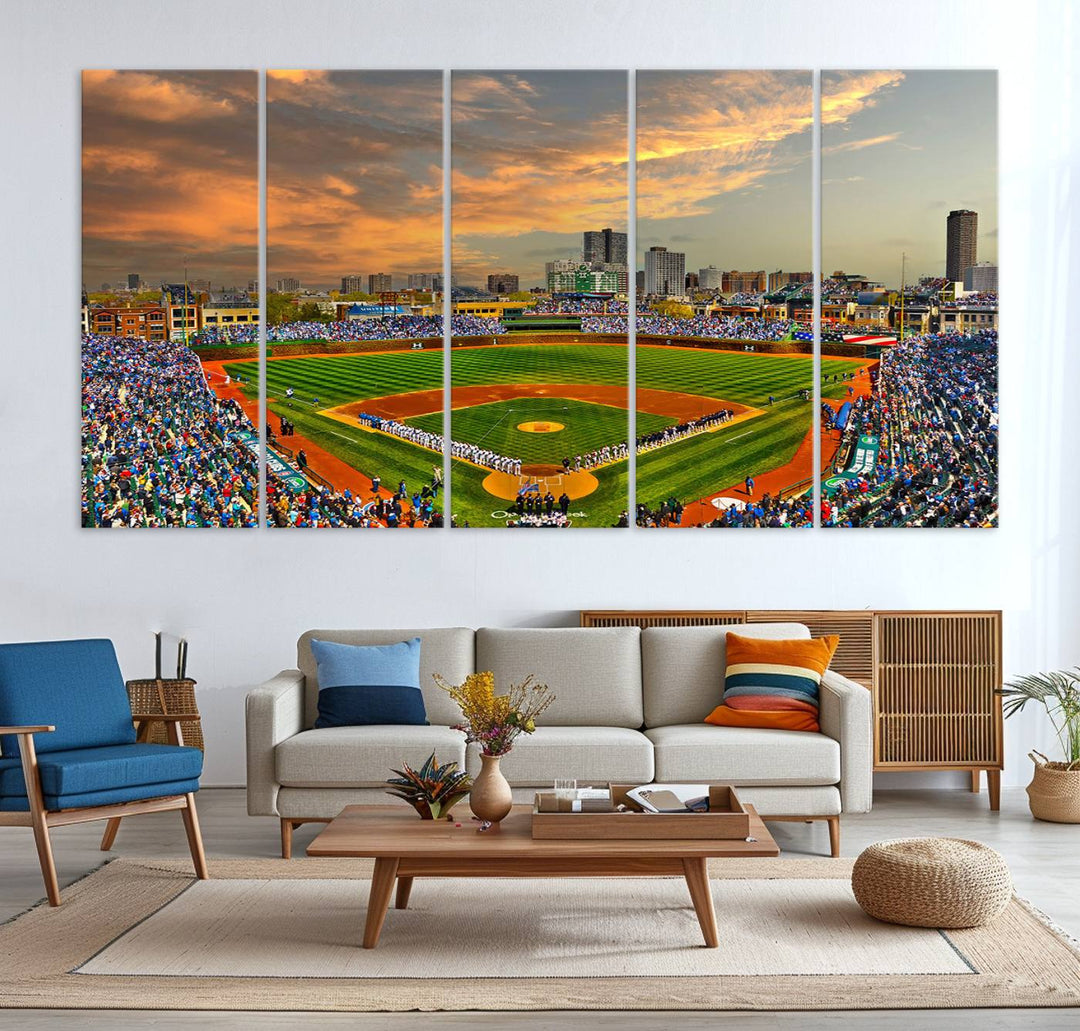 Aerial view of Wrigley Field at sunset against a vibrant sky, creating the perfect Chicago Wrigley Field Canvas Wall Art.