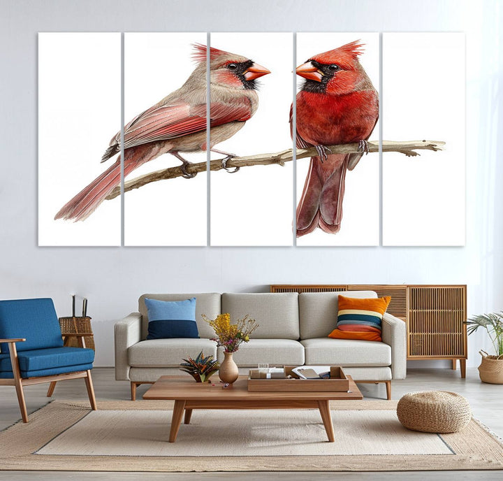 The Cardinal Bird Canvas Wall Art showcases two cardinals on a branch.