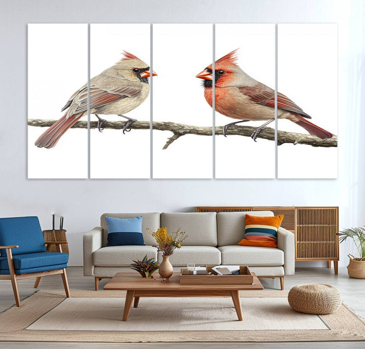 A Cardinal Canvas Wall Art print of cardinals on a branch hangs prominently.